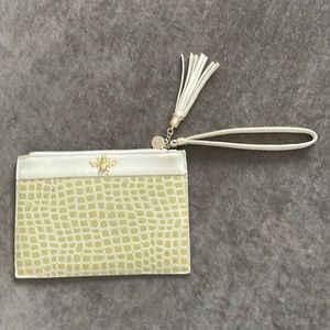 Bumble Bee clutch with wrist band. Color cream. Faux reptile design. Zip top